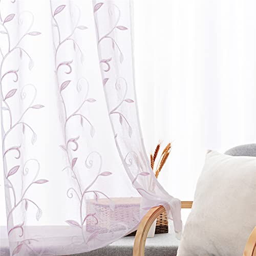 Visiontex Embroidered White Sheer Voile Curtains, Light Blush Pink Leaves Embroidery Faux Linen Rod Pocket Window Drapes For Living Room And Girls Bedroom 54 X 84 Inch, Set Of 2 Curtain Panels #TOP12