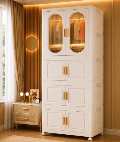 Image of Plastic Wardrobe for Cloths | 4 Layer Stackable Almirah with Hanging Rod, Transparent Doors, Wheels | Foldable Storage Cabinet Organizer for Clothes /Books /Toys