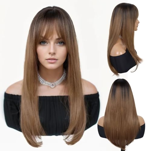 GNIMEGIL 28 Inch Long Brown Wigs For Women Fashion Realistic Straight Ombre Wig With Bangs Music Festival Costume Party Synthetic Hair