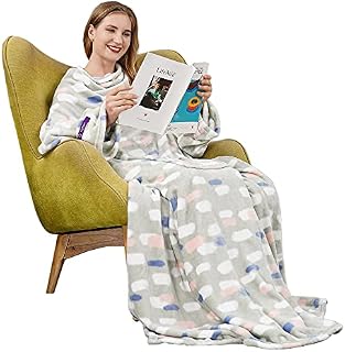 Winthome Wearable Blanket with Sleeves. Soft and Warm for Sofa Lovers. Two Sizes, with Elastic Cuffs, Hook and Loop Fastener (Blue, 140x200cm)
