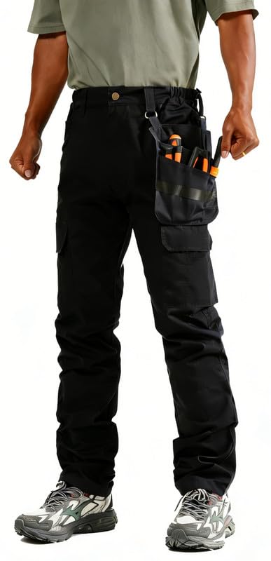 KVE Mens Work Pants Ripstop Waterproof Elastic Waist Outdoor Breathable Cargo Tactical Hiking Quick-Dry Pants with 7 Pockets Black 32W×30L