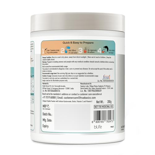 Image of TrueBasics CollaSkin, Marine Collagen Peptides (Mixed Fruit, 200g) | With Vitamin C, E & Hyaluronic Acid | For Youthful Glowing Skin, Healthy Hair & Nails