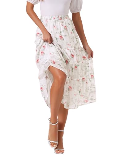 Allegra K Women's Floral Skirt Chiffon A-line Long Tiered Ruffle Boho Summer Midi Skirts Small White