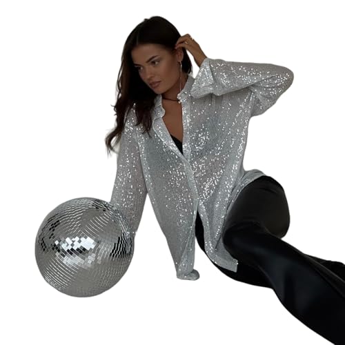AMPOSSTO Womens Sequins Long Sleeve Collared Shirt Button Down Open Front Shirt Loose Blouses Shirst Tops3