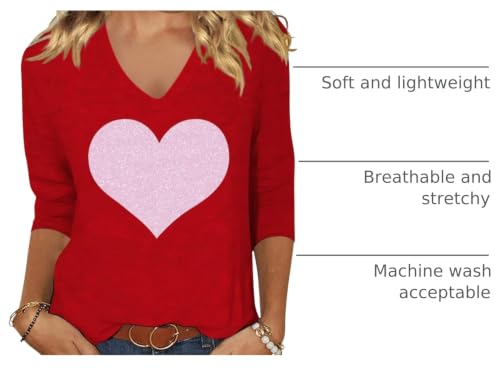 Image of Womens 3 /4 Sleeve V Neck Valentine T Shirts Love Heart Printed Graphic Tee Tops