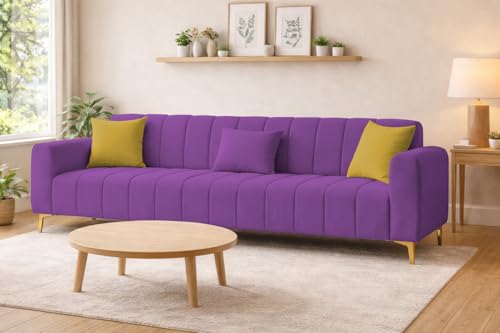 Image of Casaliving Velour Modern Velvet Sofa, Tufted Design Upholstered 3 Seater Sofa Set for Living Room, (Purple Colour) Premium Velvet Fabric Sofa