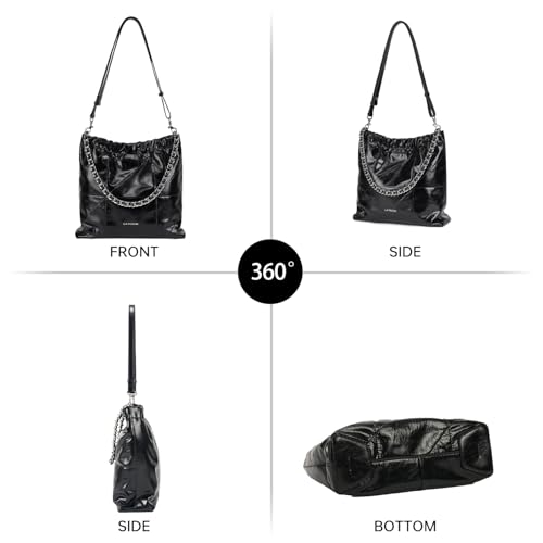 Image of LA FESTIN Genuine Leather Chain Hobo Bag for Women Trendy Crossbody Purse | Split Leather, Chain Strap, Adjustable Strap, Drawstring Closure, Large Capacity, Daily use