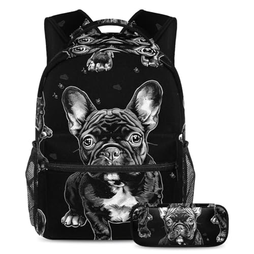 Sac à dos bouledogue noir avec trousse assortie pour l'école