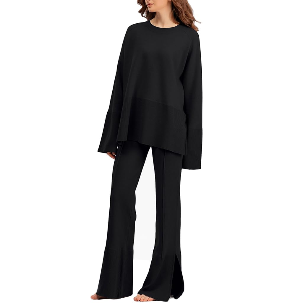 LANGWEI Womens 2 Piece Trendy Outfits Oversized Lounge Sets Cozy Knit Loungewear Knit Pullover Sweater Sets
