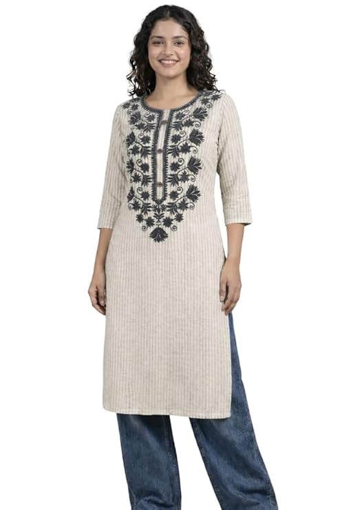 Women's Cotton Kurti | Floral Ari Embroidered Straight Long Kurti for Girls & Women | Striped Lining Ethnic Long Kurta - 3/4 Sleeves | Casual & Outer Wear-picture-10