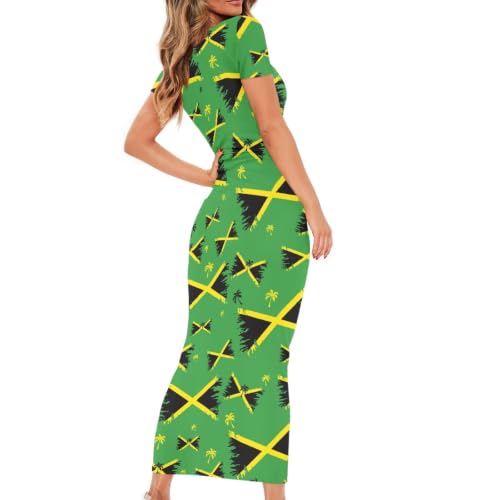 Image of Womens Short Sleeve Jamaican Flag Midi Bodycon Dress | Soft stretchy fabric,crew neck,jamaican print casual date night cocktail party, elegant chic, spring summer fall all season