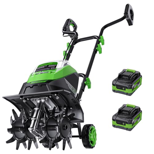 20V Battery Tiller for Gardening, Cordless Electric Tiller Cultivator with 2×4.0Ah Batteries, 14" Tilling Width, 8.7" Depth, 48 Steel Tines Rototiller for Soil Cultivation