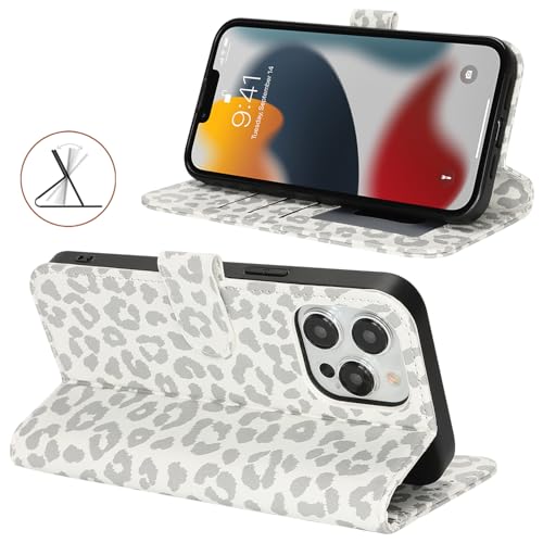 Image of for iPhone 13 Pro Case Wallet with Card Holder,for iPhone 13 Pro Wallet Case for Women Men,PU Leather Shockproof Magnetic Buckle Stand Flip Phone Case-White Leopard