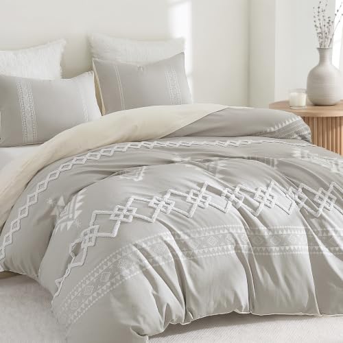 Image of Oli Anderson Boho Duvet Cover Set Queen Size, Light Gray and Ivory Color Clash 3 PCS Microfiber Bedding Set, Durable and Super Soft Duvet Covers with Zipper and Ties, 90 inch*90 inch