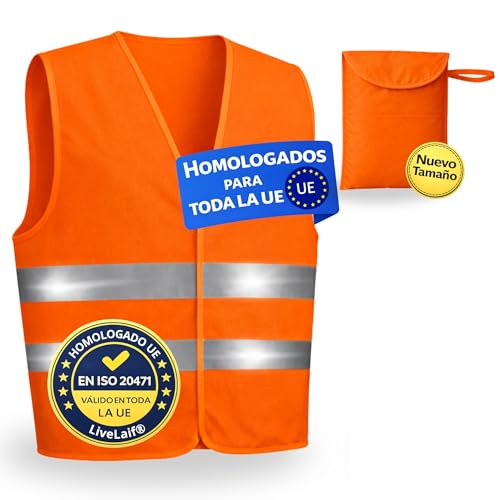 LiveLaif 1 Chaleco Reflectante Homologado DGT ISO 20471 + Funda Grande | Chaleco Trabajo Alta Visibilidad Naranja | para Coche, Moto, Obra y Emergencias | Talla Única Unisex