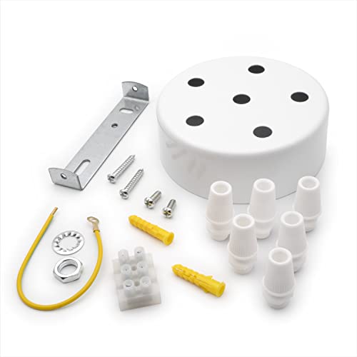 AMARCORDS - Kit Baldachin rosetten aus Metall, 6 Löcher, Farbe WEISS, Lampengehäuse komplett mit Kabelklemmenzubehör, Schrauben und Deckenhalterung. Durchmesser 100 mm, Höhe 35 mm