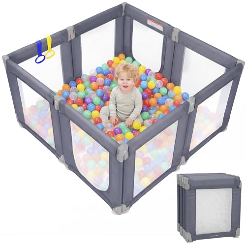 Image of Foldable Baby Playpen, 47 inchx49 inch Collapsible Play Pen for Babies Toddlers, 360 Vision Mesh Play Yard with Zipper Gate, Adjustable Shape Safety Baby Fence with Handles, Portable Indoor Outdoor, Grey