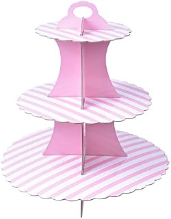 NATUCE 3 Tier Cardboard Cupcake Stand for Afternoon Tea, Pink Stripe Cake Stand, Round Dessert Holder Tower, Serving Platter Baby Shower, Wedding, Birthday Party, 7'' 10'' 12'', Pink/Blue