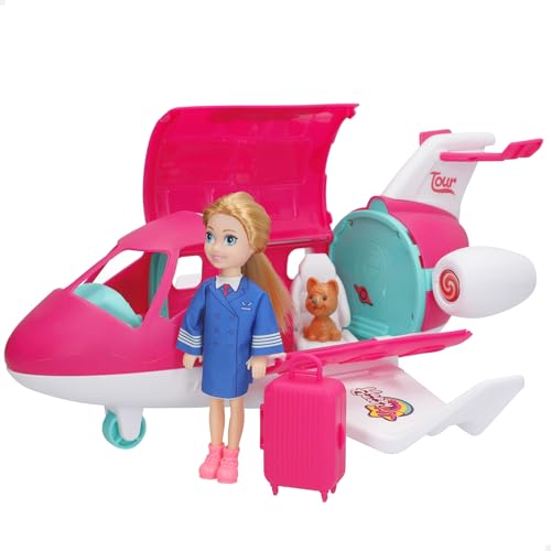 ColorBaby 39012 Bella Holidays Muñeca azafata y avión Rosa, Mide 14 cm, Incluye Juguete Perro y Maleta Viaje, Muñecas para niñas y niños +3 años, Aviones para Jugar
