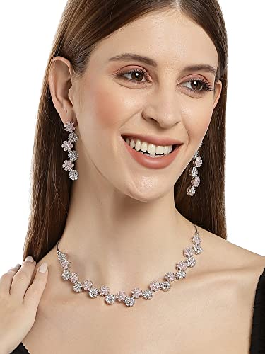 Karatcart Silver Tone Pink Floral AD Necklace Set for Women - Image 2