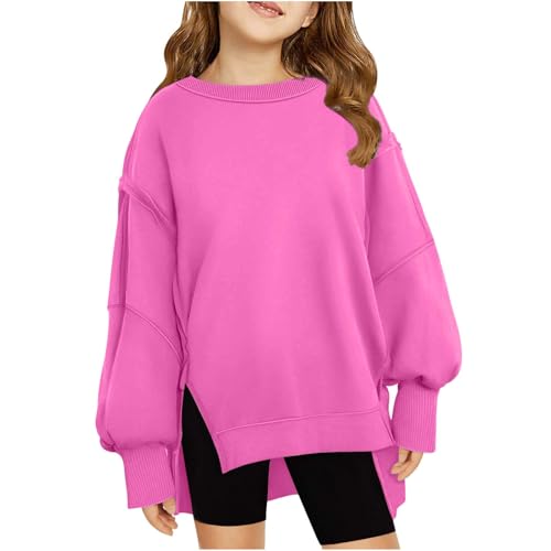 DDAPJ pyju Girls Oversized Sweatshirts Trendy Casual Stitching Long Sleeve Crewneck Pullover Plain Side Split High Low Tops