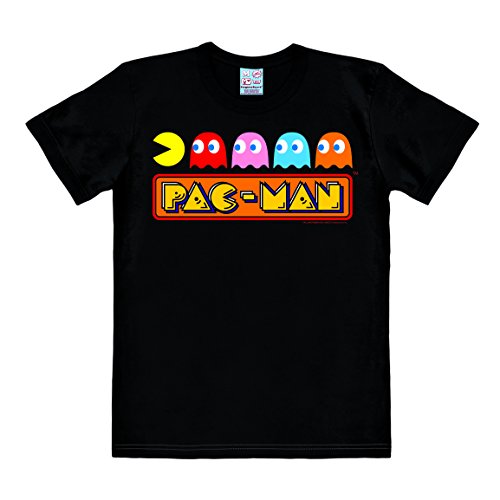 Logoshirt Nerd - Videojuego - Pac-Man - Blinky Pinky Inky Clyde - Caza - Camiseta Hombre - Negro - Diseño Original con Licencia, Talla M