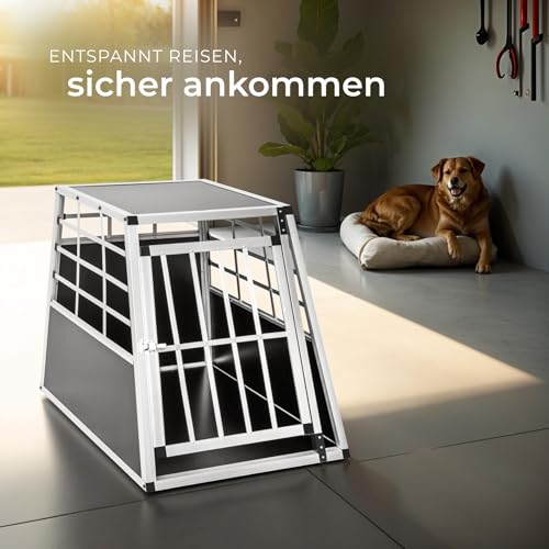 tectake® Hundebox Auto oder Hundebox für Zuhause, Aluminium Hundetransportbox, leicht und stabil, Auto Kofferraum Transportbox für Hunde - 65 x 90 x 69,5cm (Single Groß)