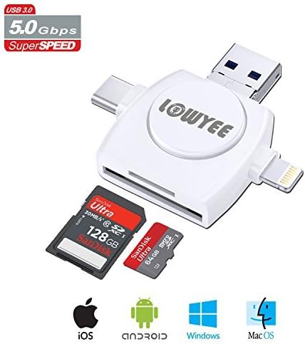 LOWYEE SD Card Reader for iPhone iPad MacBook OTG Type C Android, Memory Micro SD Card Reader Adapter Trail Camera Viewer - 4 in 1 (White)