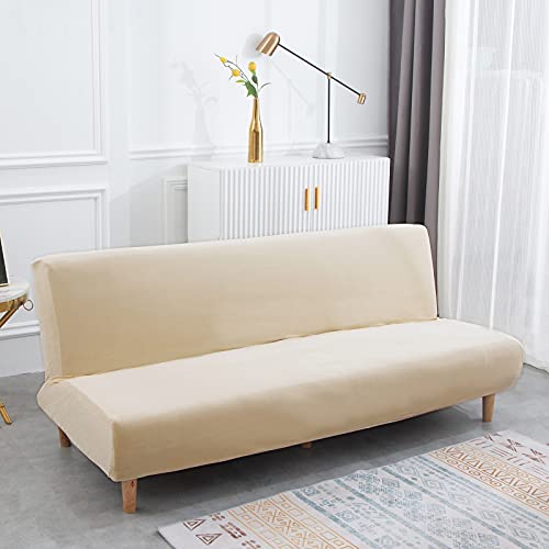 Futon Slipcover Velvet Stretch Armless Sofa Cover Elastic Washable Couch Sofa Furniture Protector For Folding Futon Moving Sofa Bed Without Armrests (Velvet Beige) #TOP1