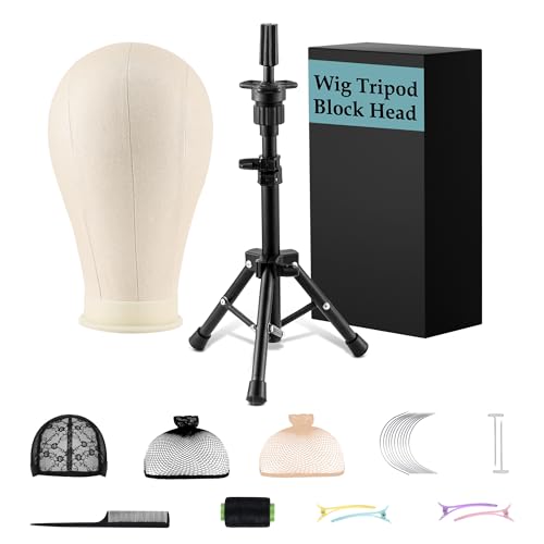 xnicx 23 Wig Stand Tripod with Head Wig Head and Stand Set Table Wigs Tripod for Making Display Includes Caps Clips T-Pins C Needles Carrying Bag Brush(39.5-62.5cm)