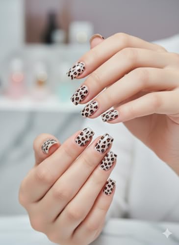 Image of 24 Pcs Reusable Artificial Nails Fake Nails with Glue and Kit|Leopard Print Gloss Press On Nails | Medium Square False Nails for Women | Premium UV Protected ABS nails | Salon Finish | Trendy Animal Print Nail Extensions