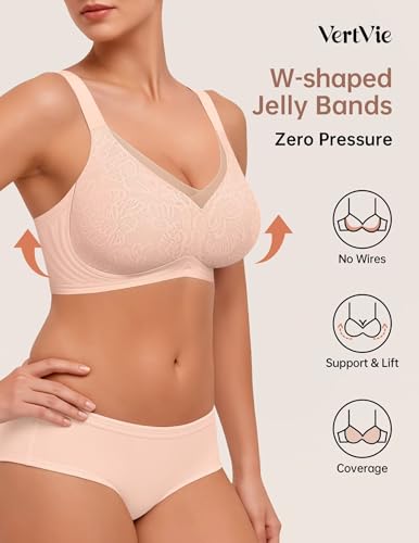 Image of Vertvie Wireless Jelly Bra Seamless Supportive Crossover | Full Coverage & Lift, Mesh V-Neck, No Underwire, Back Smoothing, Push Up, Plus Size, All-Age Comfort, Everyday T-shirt Bra