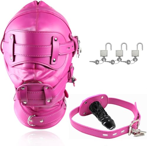 ZYDHHP Leder Bondage Maske mit abschließbarem Dildo-Knebel & Fetisch Kopfhaube – Verstellbare Haube mit abnehmbarer Augenmaske & Halsband für Rollenspiele, Fetisch Fans & Liebhaber von Fetischmasken