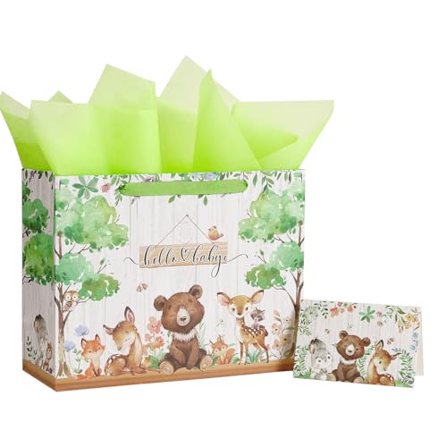 Loveinside Hello Baby Gift Bag for Newborn Baby Boy Girl, Cute Bear Deer Woodland Animal Design, Medium Size Bag with Tissue Paper, Tag, Greeting...