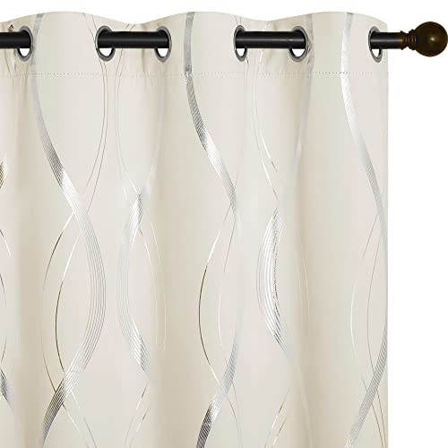 NICETOWN Blackout Curtains Panels for Bedroom, Beige, 2 Panels, 34 x 72 Inch, Microfiber Noise Reducing Thermal Insulated Wave Line Foil Print Design