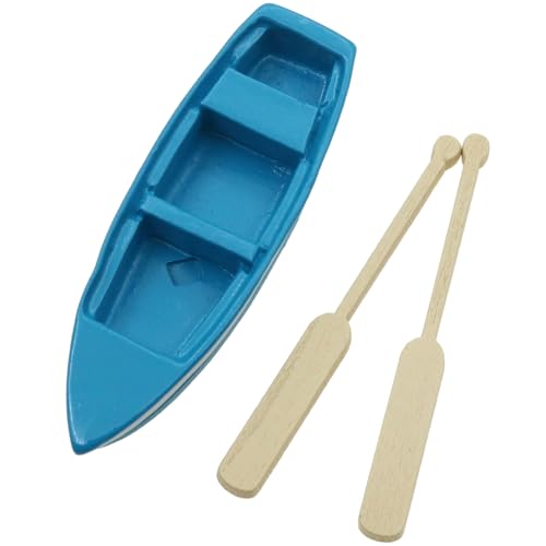 safycaby 2 Set Miniature Blue Boat Mini Rowboat Model with OARS Little Resin Boat Canoe Model for Fairy Garden Home Decoration - Thumbnail 4