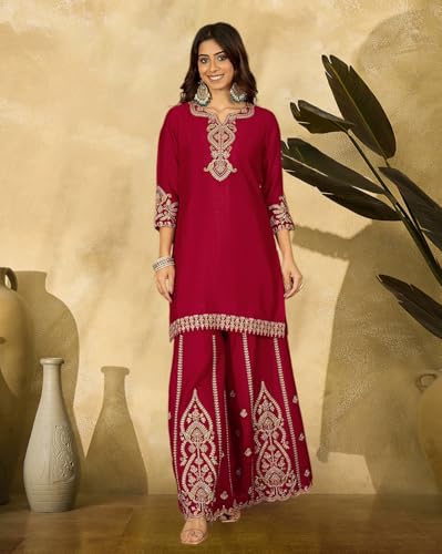 Image of SheWill Poly Chinon Zari Sequence Cording Embroide Kurta with Palazzo and Dupatta - Vibrant Set with Exquisite Detailing and Graceful Drape