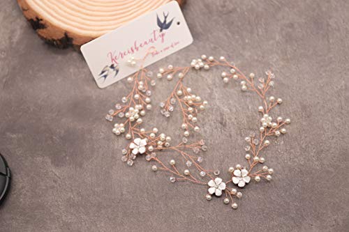 Kercisbeauty Wedding Bridal White Flower and Pearl Headband Vine Headpiece for Prom,Tiara(Rose Gold) - Image 3