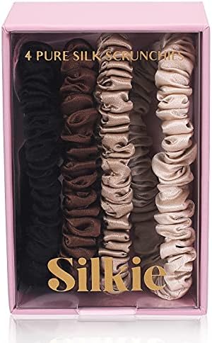 SILKIE x4 Set 100% Pure Mulberry Silk Black Brown Skinny Scrunchies Travel Pouch Everyday Hair Ties Elastics Hair Care Ponytail Holder No Damage