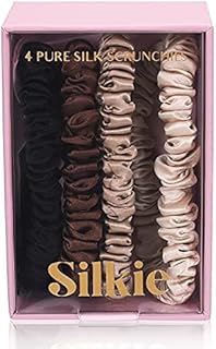 SILKIE x4 Set 100% Pure Mulberry Silk Black Brown Skinny Scrunchies Travel Pouch Everyday Hair Ties Elastics Hair Care Ponytail Holder No Damage