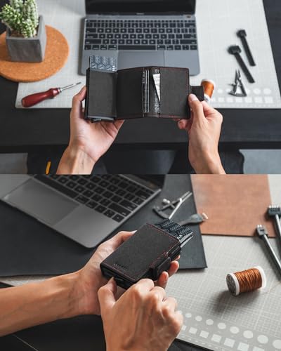 Image of VULKIT Credit Card Holder RFID Blocking Leather Automatic Pop Up Wallet Magnetic Wallet Double Card Case for Men and Women
