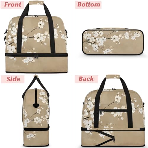 Large Weekender Overnight Bags Flower White Japanese Travel Duffel Bag for Women Men Gym Bag With Shoe Compartment Foldie Travel Tote Bag Carry On Personal Item Bag for Travel Gym Sports3