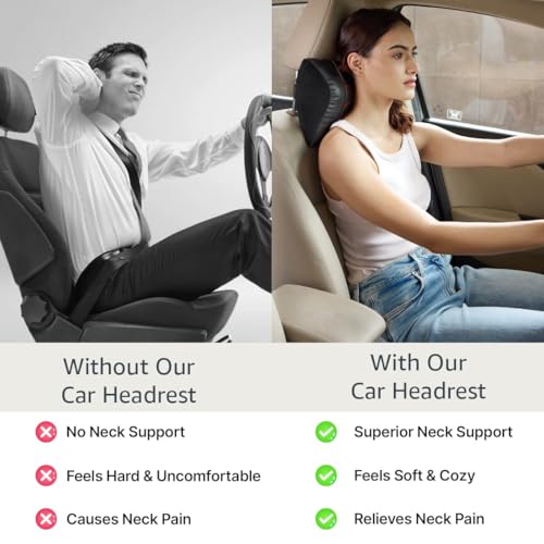 Image of Amazon Basics Car Seat, Office Chair Orthopedic Headrest Pillow,100% Memory Foam-Neck, Cervical Pain Relief, Best for Long & Short Travel | Premium Faux Leather,1 Year Warranty| Black,20 X 24 X 13 Cm