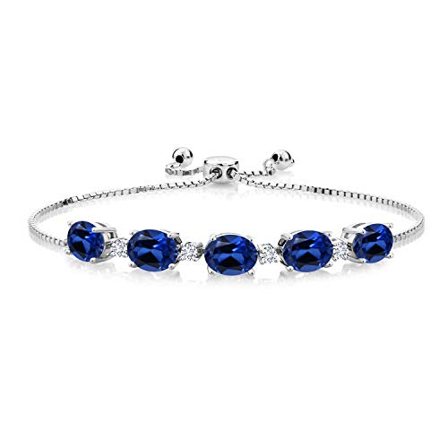 Gem Stone King 925 Sterling Silver Blue Created Sapphire and White Lab Grown Diamond Adustable Women Tennis Bracelet, 8…