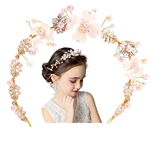 Pearl Tiaras for girls Princess Flower Leaf Headpiece for Flower Girls Bridemades Pink Wedding Birthday Party Headdress