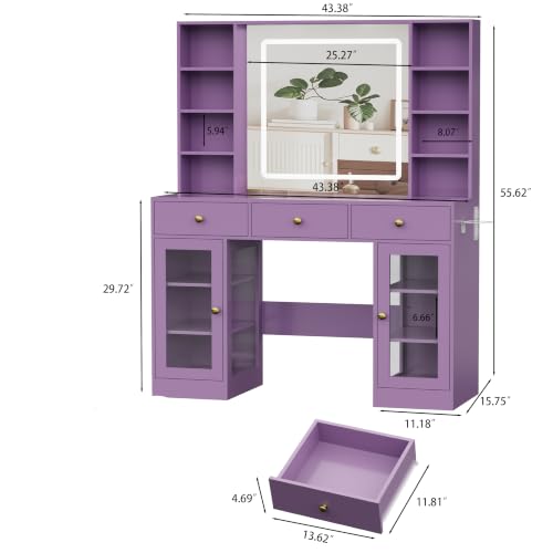 Image of Purple Vanity Desk with Mirror and Lights, Glass Top Vanity with Lighted Mirror & RGB Cabinet and 3 Drawers, Dressing Table with 8 Shelves, Makeup Desk with Lights for Girls Bedroom, 3 Color Modes