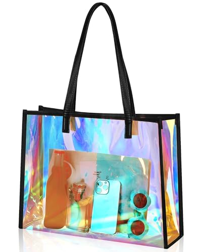 Aliceset Holographic Clear Tote Bag with Leather Handle Iridescent Bachelorette Beach Bag for Work Stadium Travel