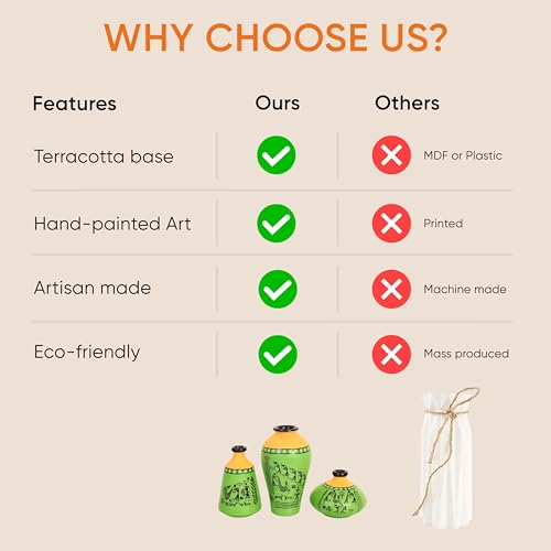 Image of Aakriti Art Creations Terracotta Vases Set of 3 | Handmade Green Warli Art Flower Vases | Matte Finish Decorative Vases for Living Room, Table Decor & Gifting | Tribal Home Decor for Artificial Plants