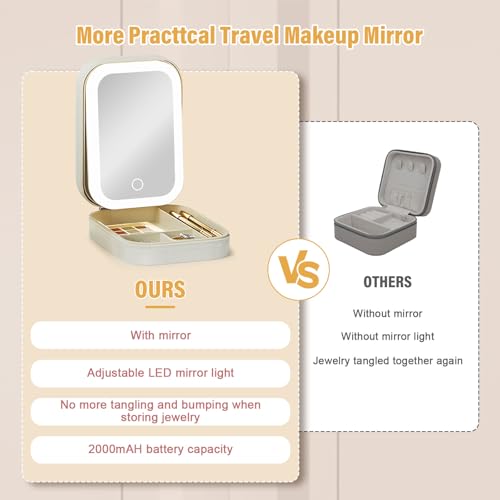 Image of LiveGo 3-Color LED Travel Jewelry Case and Makeup Bag with Mirror, Dust-Proof Jewelry Box, 10 Sealed Jewelry Bags - Compact Cosmetic Mirror Case for Women Girls Travel Essentials (White)