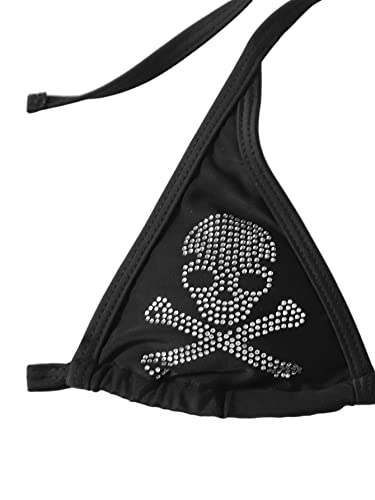 WDIRARA Women's Skull Pattern Halter Triangle Thong Sexy 2 Piece Bikini Swimsuit3